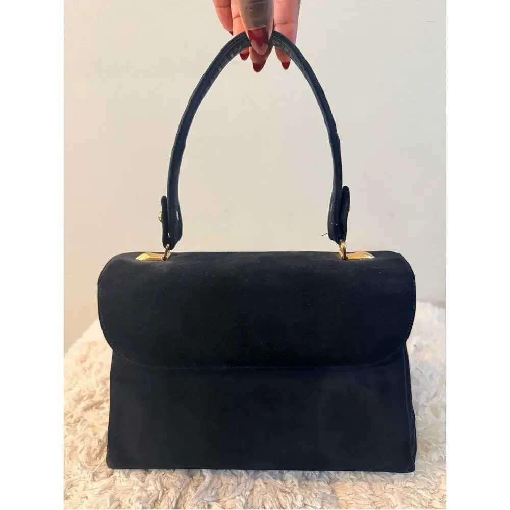 Vintage Saks Fifth Ave Classic Dark Blue Suede Top-Handle Bag with Gold Hardware